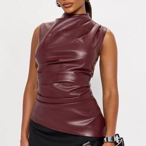 Burgundy Faux Leather Top and Black Mini Skirt
